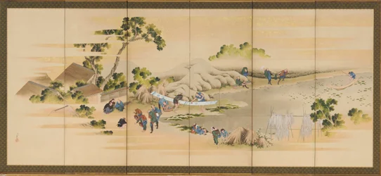 田園風景と富士山、一対の一つ、江戸時代、約. 1830-1832。