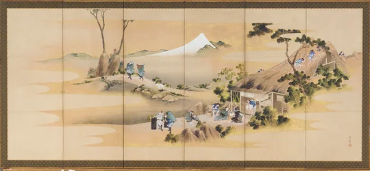 田園風景と富士山、一対の一つ、江戸時代、約. 1830-1832。