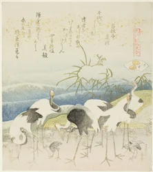 シリーズ「元禄歌仙界あわせ」より『足貝』の挿絵『岸辺の鶴