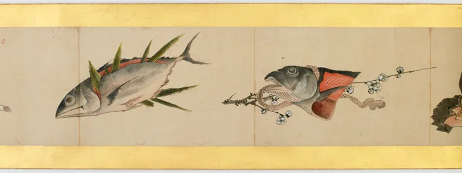 その他の画像、江戸時代、1839年のインクと紙の色の付いたハンドスクロールの詳細
