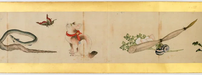 その他の画像、江戸時代、1839年のインクと紙の色の付いたハンドスクロールの詳細