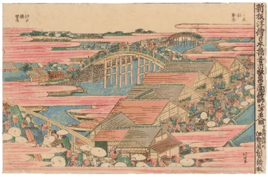 日本橋の江戸の川沿いの魚市場