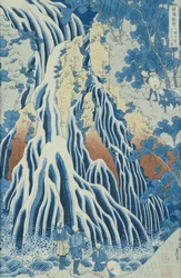 「神国滝めぐり」シリーズより黒神山に降り立つ霧降滝c.1832（色版画）