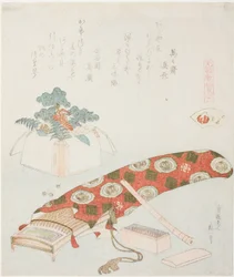 「元禄歌仙貝合わせ」シリーズより 箏と初詣 あこや貝（あこやがい）イラスト