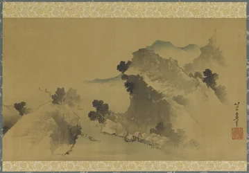 風景：山、小川、舟、江戸時代（シルクパネルに墨と色）