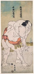 Les lutteurs sumo Takaneyama Yoichiemon and Sendagawa Kichigoro - The Sumo wrestlers Takaneyama Yoichiemon and Sendagawa Kichigoro par Hokusai, Katsushika (1760-1849).カラー木版画、サイズ：30,6x12,9、1792年頃、個人蔵