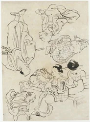その他のフィギュア：夏の快楽、ベランダに着席したフィギュア、江戸時代の武士（下）（紙にインク）