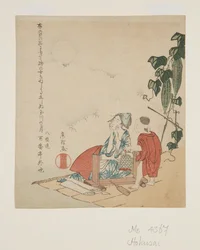 月明かりに照らされたひょうたん棚の母と子（カラー木版画