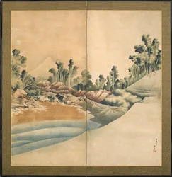 富士山と江ノ島、江戸時代、1825年頃（紙にインクと色）