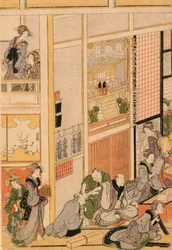 お茶屋おぎやで元旦。 c.1810（カラー木版印刷）（セットについては277765および277797-277798を参照）