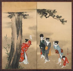 紙の二つ折り画面：神職、松の木の下の3人の女性と子供、江戸時代、1799-1801年頃（紙にインク、金、色）