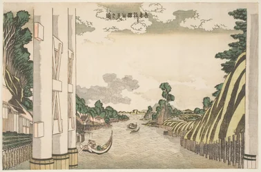 吾妻橋の下から見た隅田川の絵、1830年頃（木版画）