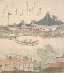 前景に橋のある川の風景、カリフォルニア州。 1810年。