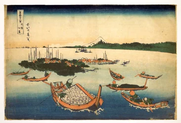 富士山の 36 のビューのシリーズ: 日本の武蔵県の佃島のビュー - 葛飾北斎 (1760-1849) (浮世絵学校) による版画 1830-1833 状態 A プーシキン美術館、モスクワ