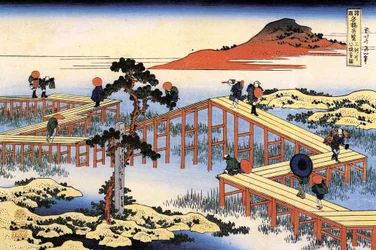 さまざまな州からの橋の素晴らしい景色のシリーズ: 日本、三河県の八橋橋 - 葛飾北斎 (1760-1849) による版画 (浮世絵学校) 1835 州立エルミタージュ サンクトペテルブルク ロシア