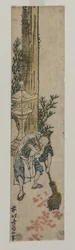 もみじをかき集める神社の従者