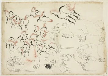 馬、猫、ネズミの研究（「北斎漫画」より）、1815〜1849年頃（紙にインクと色）