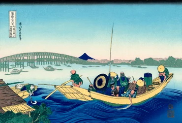 1830-1833年、御厩ヶ樫の隅田川岸から両国橋を渡る夕日。