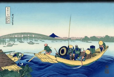 隅田川の堤防から両国橋を渡った夕日（江戸・女満別）1830年頃（木版画