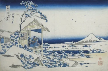 小石川の茶屋、降雪の朝、1830年頃（版画）