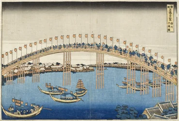 摂津地方の天満大橋さまざまな地方の有名な橋の驚異的な眺めシリーズ、c.1835（カラーの木版画）