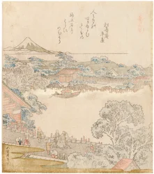 隅田川のほとり、駒込石。 シリーズ「馬づくし」のトリプティク、左部分、1822年。