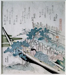 舟に乗った老夫婦のデートの松。葛飾北斎（1760-1849）の銅・銀による日本版画「摺物錦絵」 個人蔵