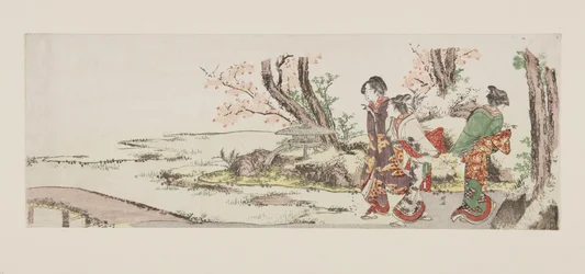 お花見をする3人の女性（カラー木版画