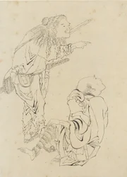 二人の狩人、江戸時代（紙にインク）