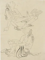 江戸時代の夏にくつろぐ二人の男（紙に墨）