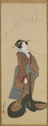 江戸時代のたばこパイプを持った女1814-15年頃（絹に墨と色）
