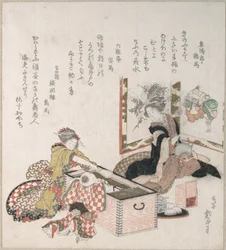 火鉢の周りに集まり、お茶を淹れている女性たち