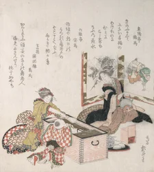 ファイヤーホルダーの周りでお茶を準備する女性、1816年。
