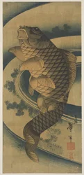 水の渦中の鯉（木版画）