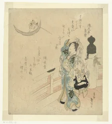 月を見ている橋の上の女性