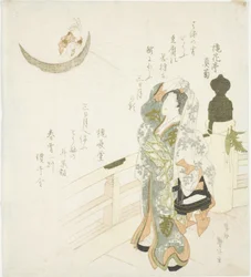 月を見ている橋の上の女性