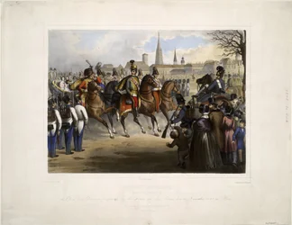 1845年12月30日、ウィーンのグラシスで第9ハッサー連隊「グラーフ・ナダスディ」の大佐となるロシアのニコライ1世 - Katzler, Vinzenz (1823-1882) - 1846 - カラーリトグラフ - 39x50,4 - 個人蔵