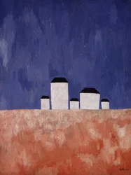 5軒の家のある風景、1932年頃