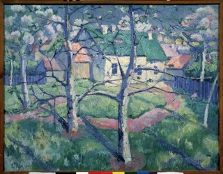 リンゴの木が咲く。 夏の田園風景、数軒の家、小道、木々。 Kasimir Severinovich Malevich（Malevich、Malevich）（1878-1935）による絵画、キャンバスに油彩