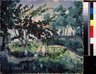 夏の風景。 夏休みを楽しむ子供と、夏の小さなカントリーハウスの庭の描写。 Kasimir Severinovich Malevich（Malevich、Malevich）（1878-1935）による絵画、キャンバスに油彩