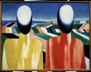 農民（農民）。 耕作地の風景の前にある 2 つの顔のない頭。 Kasimir Severinovich Malevich (Malevich, Malevic) (1878-1935) による絵画、キャンバスに油彩、1930 年頃。 ロシア美術、前衛、20 世紀、シュプレマティズム。 ロシアのミューズ