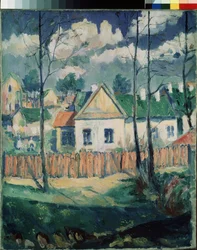 春。 小さな家のある風景。 （春。小さな家のある風景）。 Kasimir Severinovich Malevich（Malevich、Malevich）（1878-1935）による絵画、キャンバスに油彩