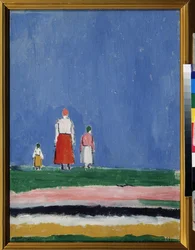 3 つの数字。 後ろから見た、2 人の子供を持つ母親。 Kasimir Severinovich Malevitch (Malevich, Malevic) (1878-1935) による絵画、キャンバスに油彩、1913 年または 1927 年以降。 ロシア美術、20 世紀の前衛、シュプレマティズム。 コレクション p
