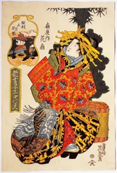 花魁道中 扇屋の花魁 花押 天保元年(1830)頃 渓斎英泉(1790-1848)の浮世絵、大判立絵、38.5×25.7cm、日本文明、江戸時代