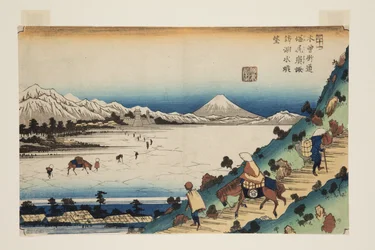 No.31、塩尻峠。塩尻峠、諏訪の湖水浴場」（カラー木版画