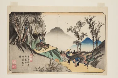 No.44、馬込駅。馬込駅、峠より遠望する」（カラー木版画
