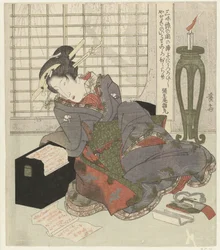 三味線の箱に寄りかかる芸者