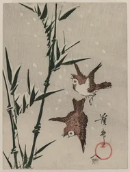 すずめ、竹と雪が降る、c。 1820年代後半。