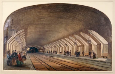 プラットフォームと近づいてくる列車を示すベイカーストリート駅の内部、ロンドン、c1865