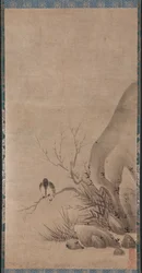 小川の上にとまるカワセミ、1400 年代後半。